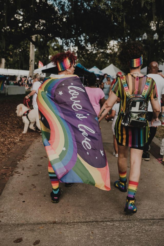 Figure 4: The backs of two people walking away from the camera. Both are wearing rainbow-patterned clothes and one is wearing a flag that reads, “Love is love.” Figure 4