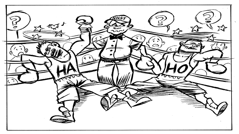 Figure 2. A boxing analogy of the p-value (Wagenmakers et al., in press). By considering only the dismal state of boxer H0 (i.e., the null hypothesis), the referee who uses Null-Hypothesis Significance Testing makes a decision that puzzles the public. Figure available at http://www.flickr.com/photos/23868780@N00/12559689854/, courtesy of Dirk-Jan Hoek, under CC license https://creativecommons.org/licenses/by/2.0/. Figure 2. A boxing analogy of the p-value (Wagenmakers et al., in press). By considering only the dismal state of boxer H0 (i.e., the null hypothesis), the referee who uses Null-Hypothesis Significance Testing makes a decision that puzzles the public. Figure available at http://www.flickr.com/photos/23868780@N00/12559689854/, courtesy of Dirk-Jan Hoek, under CC license https://creativecommons.org/licenses/by/2.0/.