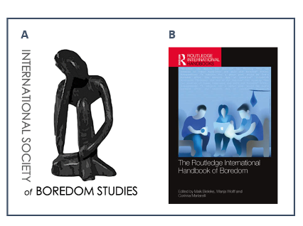 Image 3 Research on boredom is flourishing: In spring 2021, the “International Society of Boredom Studies” was founded, dedicated to promoting and disseminating research on the topic of boredom (A). Recently, the first textbook on boredom research and its broad relevance to various research topics was published (B).