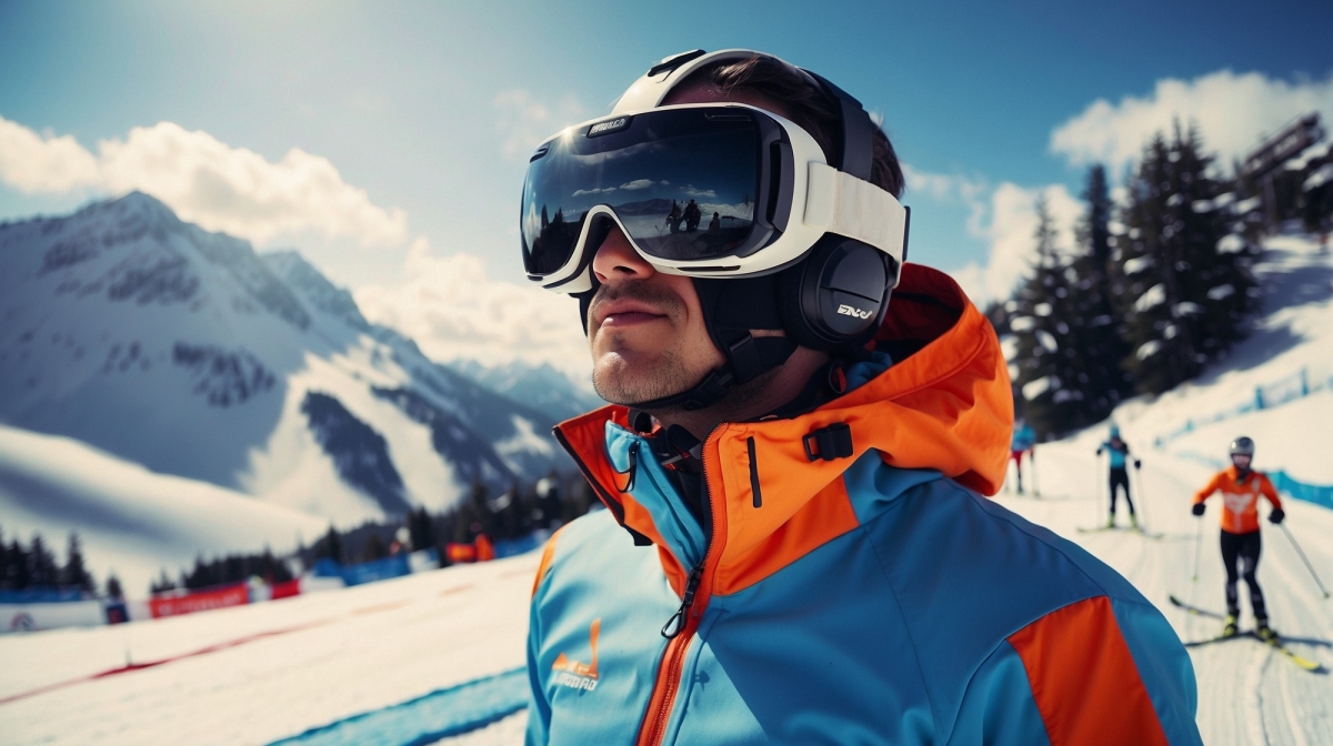 IMAGE 3: An alpine skier using virtual reality on the slopes (AI-generated). Image 3: An alpine skier using virtual reality on the slopes (AI-generated).